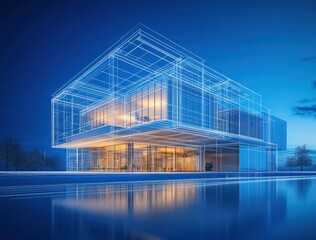 Aufkleber - Futuristic Architectural Design Render with Wireframe Structure Over a Modern Building at Night, Blending Technology with Aesthetic Appeal in a Serene Setting