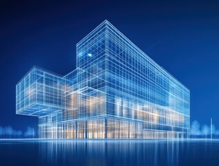 Aufkleber - Futuristic Architectural Design in Blue Tones Depicting a Modern Building with Glass Facade and Innovative Structure Showcasing Contemporary Urban Aesthetics and Technology Integration