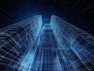 Poster - Futuristic Cityscape with Digital Blueprint Features and Geometric Lines Representing Urban Development and Architectural Innovation at Night