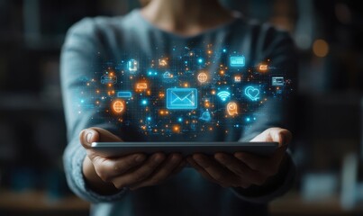 Poster - Futuristic Concept of Digital Communication and Technology Interaction with Icons Emerging from a Tablet Held by a User in a Modern Environment