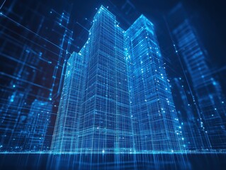 Poster - Futuristic Digital Cityscape with Glowing Blue Lines Representing Modern Architecture and Technological Innovation in a Digital Environment