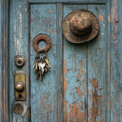 Wall Mural - Old door, keys, hat, peeling paint, weathered.