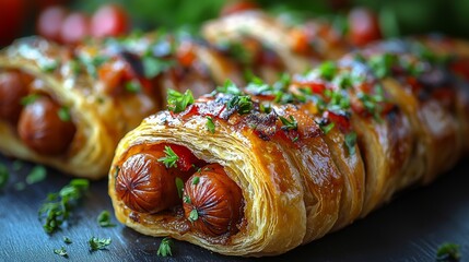 Wall Mural - Savory Pigs in a Blanket Appetizer.  Delicious pastry-wrapped sausages, perfect for parties