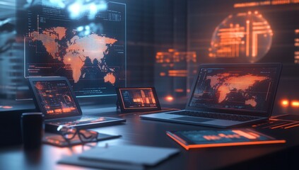 Poster - Innovative Workspace with Digital Devices and Global Data Visualization Featuring Laptop, Tablet, and Monitors Displaying Interactive Maps and Statistics