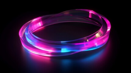 Intertwined glowing neon rings, vibrant pink and blue light, dark background.