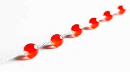 Poster - Close-up of vibrant red beads strung on a white thread, showcasing texture and color contrast