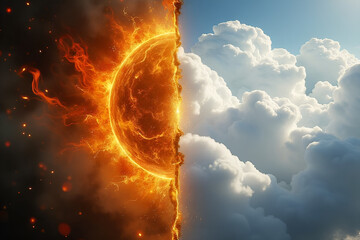 Wall Mural - divided image, two parts, the left side is burning fire and the right is white cloud, good vs bad, e