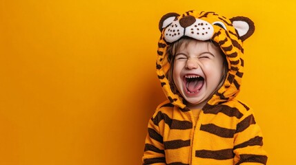 A joyful young child of Caucasian ethnicity in a tiger costume, laughing against a vibrant yellow backdrop.