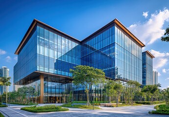 Aufkleber - Modern Architectural Design Featuring Glass Exterior and Landscape in Urban Environment with Blue Sky and Greenery Surroundings