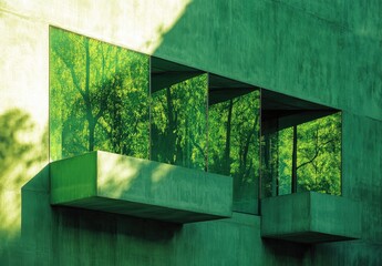 Aufkleber - Modern architectural design showcasing reflective green glass panels against a minimalist concrete backdrop, blending nature with contemporary aesthetics through innovative structures.