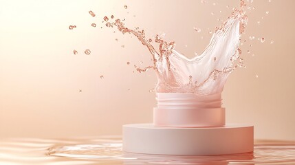 Poster - Cream product podium mockup elegantly displayed a dynamic splash of liquid milk in soft pastel pink against a light gold background creating a stunning visual for beauty skincare advertising design