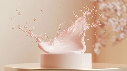 Poster - Cream product podium mockup elegantly displayed a dynamic splash of liquid milk in soft pastel pink against a light gold background creating a stunning visual for beauty skincare advertising design