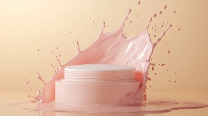 Poster - Cream product podium mockup elegantly displayed a dynamic splash of liquid milk in soft pastel pink against a light gold background creating a stunning visual for beauty skincare advertising design