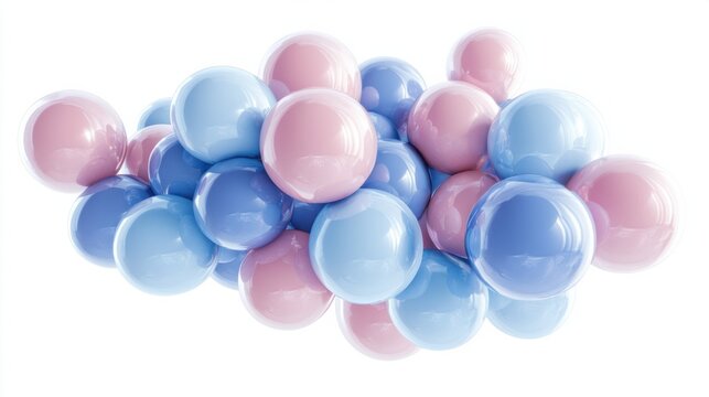 A bouquet of 3D-rendered pastel balloons in soft tones of blue and pink, floating gently on white