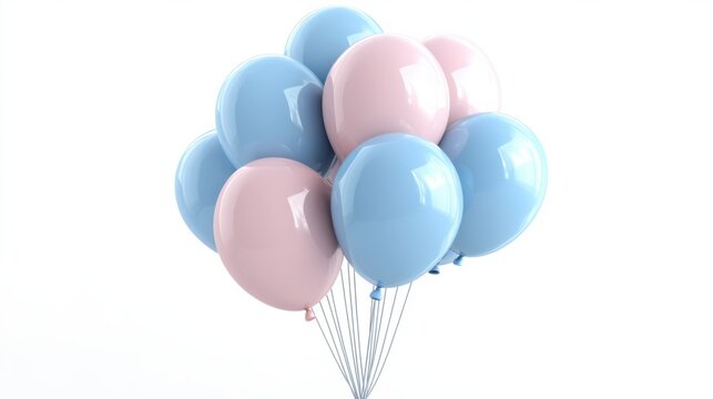 A bouquet of 3D-rendered pastel balloons in soft tones of blue and pink, floating gently on white