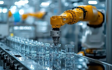 Poster - Robotic arm assembling glass products on a conveyor belt in a factory.