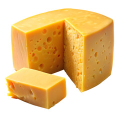 A Slice of Creamy Cheese: A wedge of rich, yellow cheese with distinctive holes sits on a surface, a smaller cut piece placed beside it, highlighting its texture and inviting appeal. 