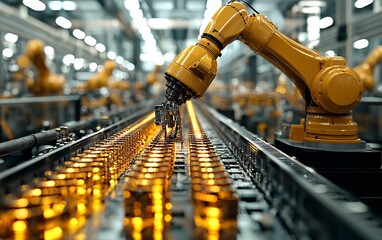 Poster - Automated robotic arm assembling products on a factory assembly line.