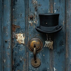 Wall Mural - Black top hat, keys, aged door, rustic setting.