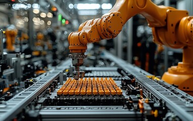 Poster - Robotic arm assembling parts on automated production line.