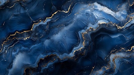Poster - Dark blue marble texture with intricate silver veins forming a liquid wave pattern The stone has a luxurious fluid design perfect for modern interior concepts and elegant architectural details