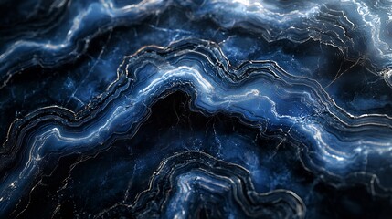 Poster - Dark blue marble texture with intricate silver veins forming a liquid wave pattern The stone has a luxurious fluid design perfect for modern interior concepts and elegant architectural details