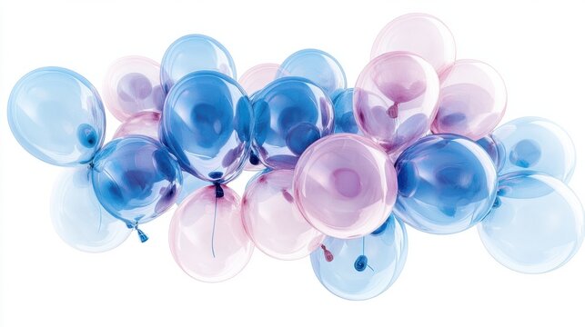 A group of pastel blue and pink balloons with realistic strings, arranged in a celebratory cluster, rendered in 3D, on white