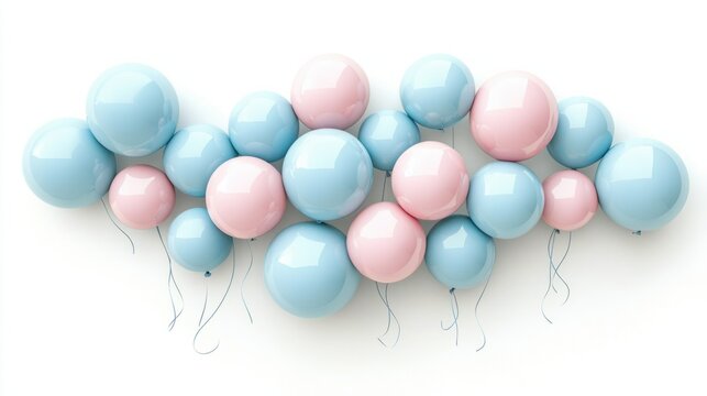 A group of pastel blue and pink balloons with realistic strings, arranged in a celebratory cluster, rendered in 3D, on white