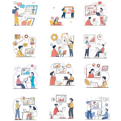set business flat vector illustration design style concept. for graphic and web page banners. cartoon character design. team online video conference meeting. business planning. finance.  data analytic