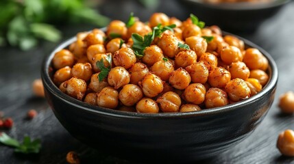 Poster - Delicious bowl of roasted chickpeas seasoned with paprika and garnished with fresh herbs creating a vibrant and healthy vegan snack option perfectly balanced in flavor and texture