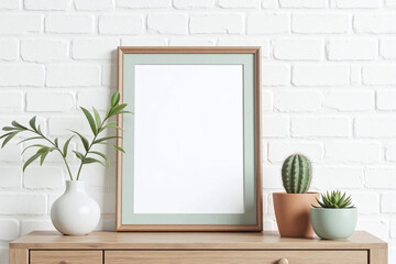 Framed picture with plants on wooden surface and brick wall