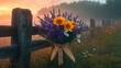 © IT - Rustic floral arrangement graces misty meadow at dawn near weathered wooden fence