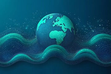 Poster - Global Connectivity: Teal Earth on Flowing Data Waves
