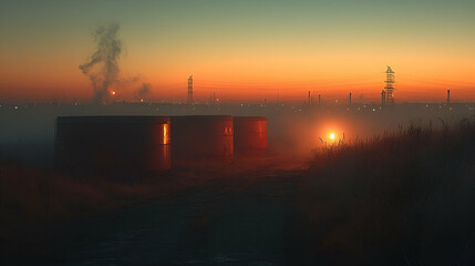 Sticker - Sunset industrial landscape, lonely shelters