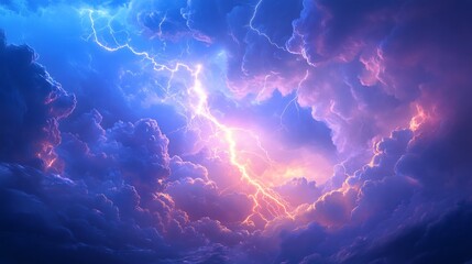 Poster - Dramatic scene of thunder and lightning illuminating a bright blue sky showcasing dark clouds filled with powerful electric charge and flashes of light that pierce through the storm