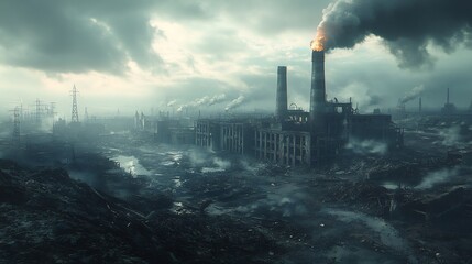 Poster - Dramatic view of a ravaged factory its structures crumbling and smoke rising from the chimneys set against a desolate landscape that highlights the aftermath of a catastrophic event