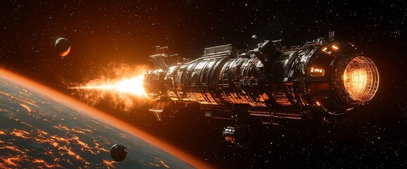 Aufkleber - Spaceship accelerating past a fiery planet with moons in space.