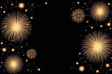 fireworks in golden yellow and beige exploding on a dark black background