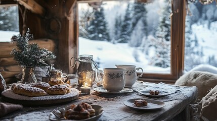 Sticker - A rustic breakfast setup with hot cocoa and pastries in a snowy mountain cabin