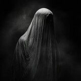 Mysterious figure shrouded in dark fabric creates an eerie atmosphere