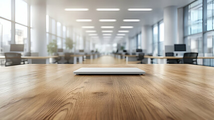  - Laptop on wood desk, modern office background