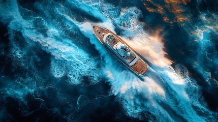 Poster - Dynamic scene of a ship slicing through the vibrant blue sea leaving a foamy trace in its wake with splashes of waves highlighting the boat's speed perfect for a travel design background
