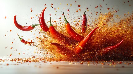 Fototapete - dynamic scene of falling bursting chili peppers splattering against a clean white background showcas