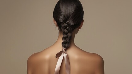 Wall Mural - photorealistic minimalistic single braid tied with a metallic ribbon cascading over a bare shoulder