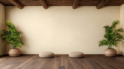 Wall Mural - Mindful living  balance concept. Minimalist interior featuring plants and seating on wooden floor with natural light.