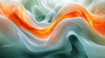 Poster - Dynamic swirl of green and orange flowing curves blending in soft fluid lines with smooth gradient colors creating a vibrant modern digital art composition full of energy and movement