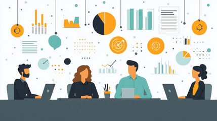 Poster - Flat vector illustration of a business team working together in a modern office discussing strategies and solutions in a coworking space symbolizing teamwork and business improvement