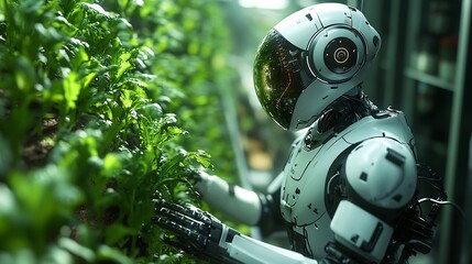 Poster - Futuristic robot farmer autonomously harvesting crops in a hightech vertical farm showcasing advanced AI technologies in agriculture and the impact of modern science on farming efficiency
