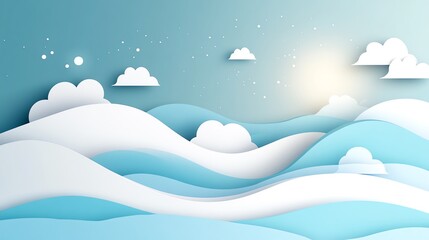 Wall Mural - Serene Paper-Cut Waves: A Peaceful Blue Landscape