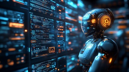 Poster - Futuristic scene of AI chatbots working and chatting inside a computer interface with floating dialogue bubbles and sleek digital backgrounds leaving space for text or messaging